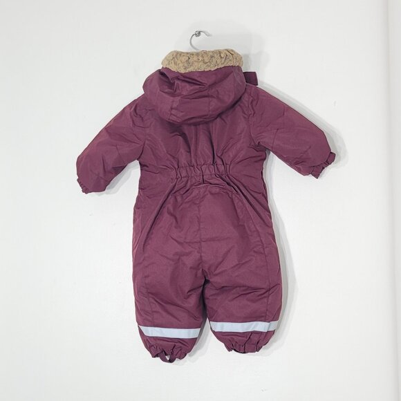 H&M Kid's Maroon Zipper Pocket Faux Fur-Trimmed Hooded Winter Snowsuit Size 4-6M - Picture 2 of 15